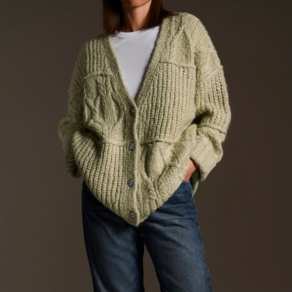 Zara Light Green Wool-Blend Patchwork Knit Cardigan